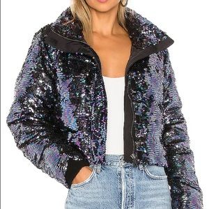 Revolve Sequin Cropped Puffer in Black Oil Slick - brand: jocelyn